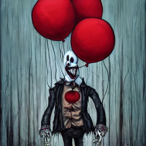 Image similar to grunge painting of creepy pasta with a wide smile and a red balloon by chris leib, loony toons style, pennywise style, corpse bride style, horror theme, detailed, elegant, intricate