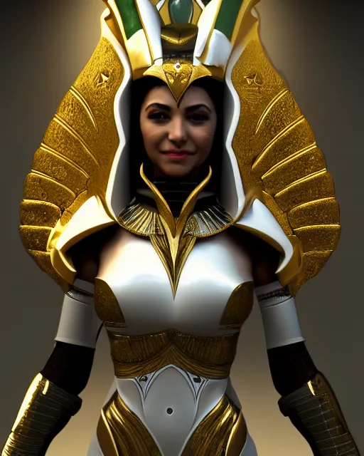 Image similar to smiling egyptian queen wearing white dove wings, warframe armor, regal, attractive, ornate, sultry, elize theron, pretty face, green eyes, scifi platform, 4 k, ultra realistic, epic lighting, illuminated, cinematic, black gold, art by akihito tsukushi, voidstar