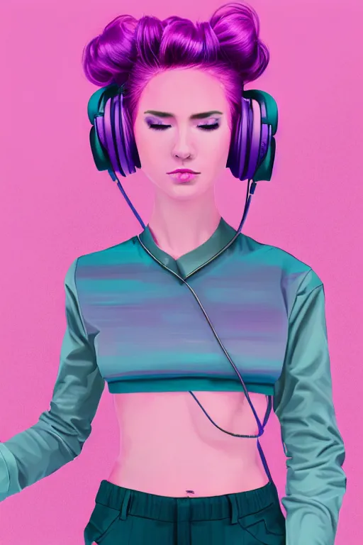 Image similar to a award winning half body portrait of a beautiful woman in a croptop and cargo pants with ombre purple pink teal hairstyle with head in motion and hair flying listenin to music on headphones by wlop, outrun, vaporware, shaded flat illustration, digital art, trending on artstation, highly detailed, fine detail, intricate