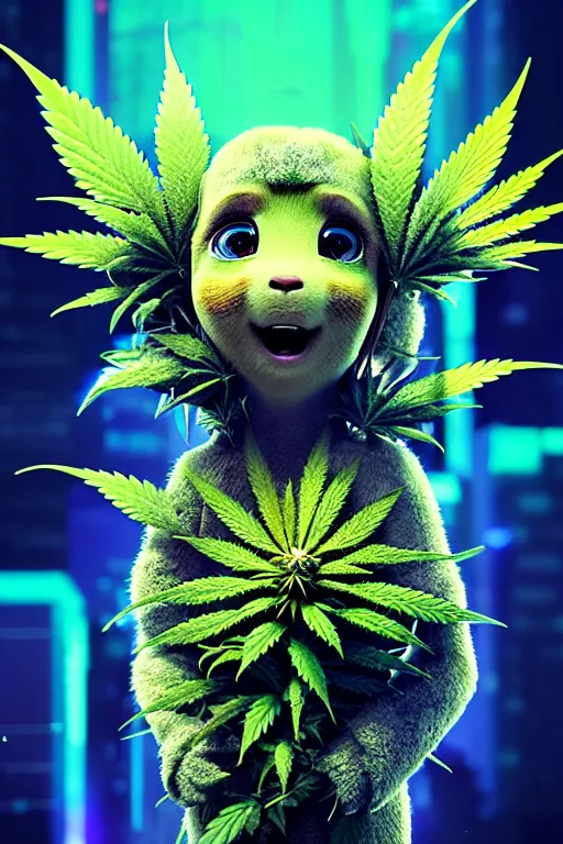 Image similar to high quality 3 d render very cute beautiful creature with a cannabis inflorescence instead of a head, like baby! cosmic marijuana bush, incorporated speakers!, cyberpunk highly detailed, unreal engine cinematic smooth, in the style of blade runner & detective pikachu, hannah yata charlie immer, moody light, low angle, uhd 8 k, sharp focus