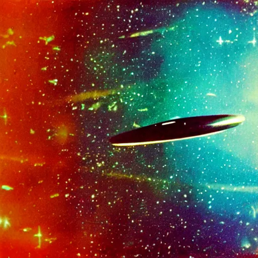 Prompt: analog photograph of the starship voyager from star trek, galaxies and stars visible, color bleed, film grain