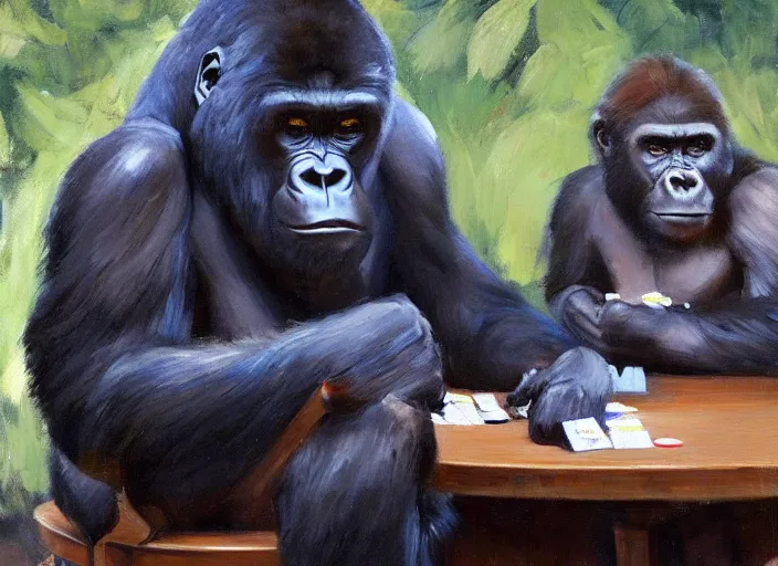 Prompt: a highly detailed beautiful portrait of a gorilla playing poker with a bear, by gregory manchess, james gurney, james jean