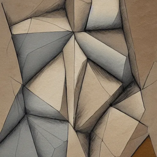 Prompt: masterpiece abstract intricate painting of detailed multiple layers of rocky material. highly geometric slanting down. isometric angles. beautiful use of light and shadow to create a sense of depth. using architectural brushwork and a limited earthy color palette, providing a mathematical sketchy look.