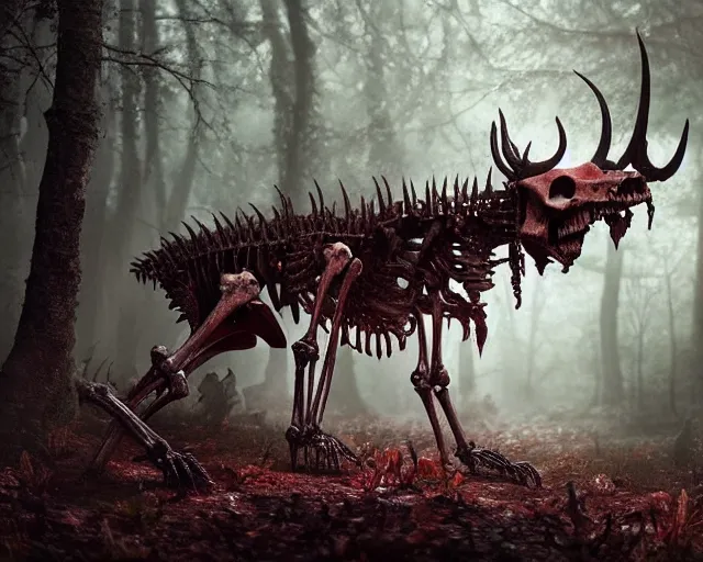 Image similar to 5 5 mm portrait photo of an armored demonic rat skeleton with horns and red eyes, in a magical forest. magical atmosphere. art by greg rutkowski. highly detailed 8 k. intricate. lifelike. soft light. nikon d 8 5 0.