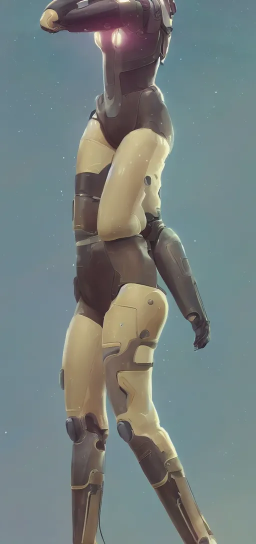 Image similar to sci fi female character, muted colored bodysuit, sci-fi large mechanical boots that go up to the thigh, soft lighting, wojtek fus, by Makoto Shinkai and Ilya Kuvshinov,