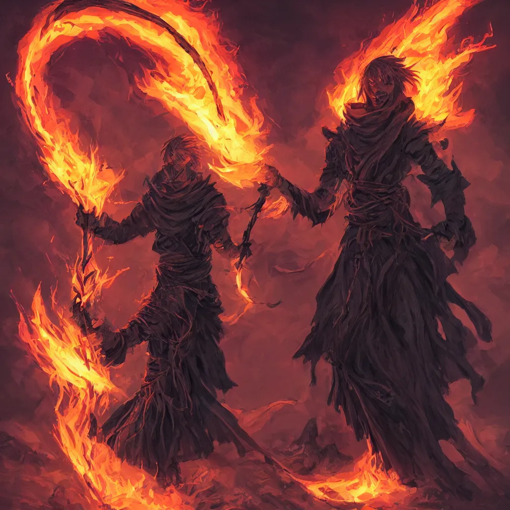 Image similar to dungeons and dragons official art of a lone male fire genasi wizard with pitch black skin, flaming hair, glowing orange eyes, wearing black wizard robes, smug smile, holding a wooden staff, standing proudly in front of barren plains in background, official print, book cover art