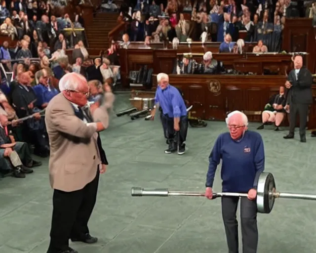 Prompt: bernie sanders deadlifting 200lb barbells in senate chambers during filibuster