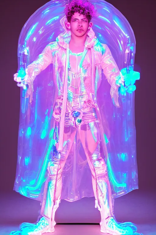 Image similar to photo of full-body rococo and cyberpunk delicate neon crystalline sculpture of ((muscular albino prince Nick Jonas)) as an iridescent humanoid deity wearing a thin see-through ((plastic hooded cloak)) (holding a human skull) in a neon castle dungeon, reclining con (((las piernas abiertas))), glowing pink face, crown of (white lasers), large diamonds, swirling black silk fabric. futuristic elements. oozing glowing liquid, full-length view. space robots. intricate artwork by caravaggio. Trending on artstation, octane render, cinematic lighting from the right, hyper realism, octane render, 8k, depth of field, 3D