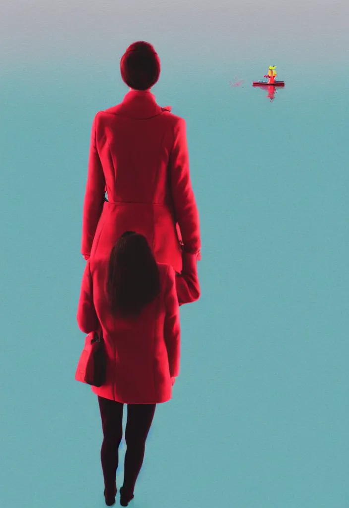 Image similar to wide shot rear view holding dslr camera photographer woman hair in a bun kanzashi long red pattern coat backpack sneakers looking out over a placid lake, a character design painting, in the style of wes anderson, lola dupre, david hockney, isolated on negative white space background dark monochrome neon fluorescent spraypaint accents volumetric octane render, no double