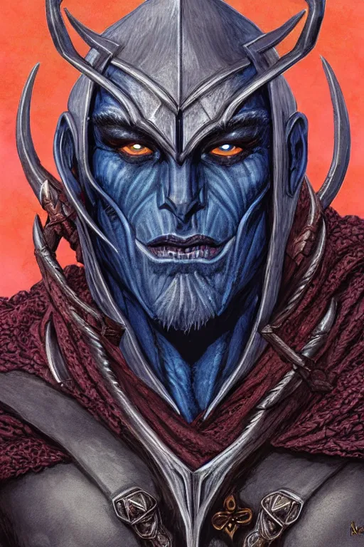 Image similar to head and shoulders portrait of an eldrich knight, drow, dark elf, shadar kai, breastplate, magical, male, high fantasy, d & d, by michael whelan, face details, extremely detailed, digital illustration