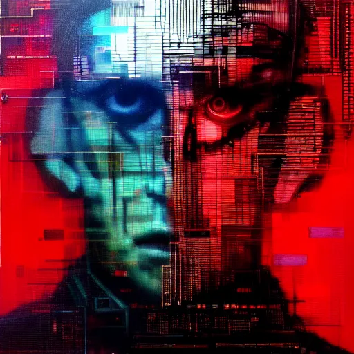 Prompt: hyperrealistic portrait of a mysterious cyberpunk man with cybernetics, by Guy Denning, Johannes Itten, Russ Mills, glitch art, hacking effects, glitch effects, digital tech effects, cybernetics, detailed lines, holographic, chromatic, color blocking!, oil on canvas, octane, concept art, abstract, red face, 8k, trending on artstation