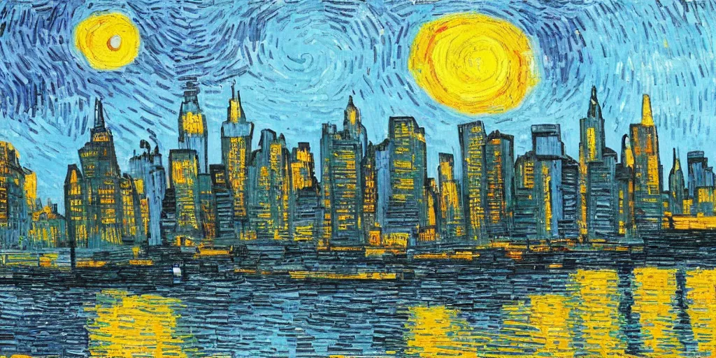 Image similar to new york city skyline painted in the style of vincent van gogh