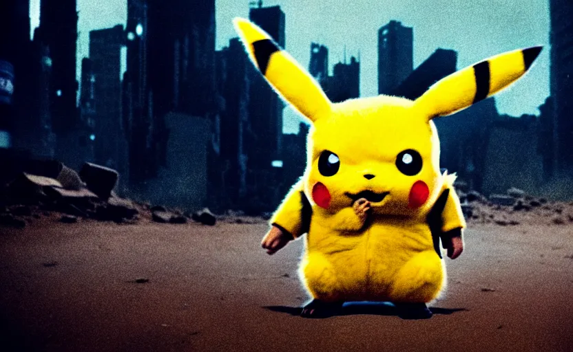 Image similar to cinestill 5 0 d candid photographic portrait by helen levitt of pikachu wearing black rugged techwear on a desolate plain, extreme closeup, modern cyberpunk moody emotional cinematic, dust storm, 8 k, hd, high resolution, 3 5 mm, f / 3 2, ultra realistic faces, detective pikachu ( 2 0 1 9 )