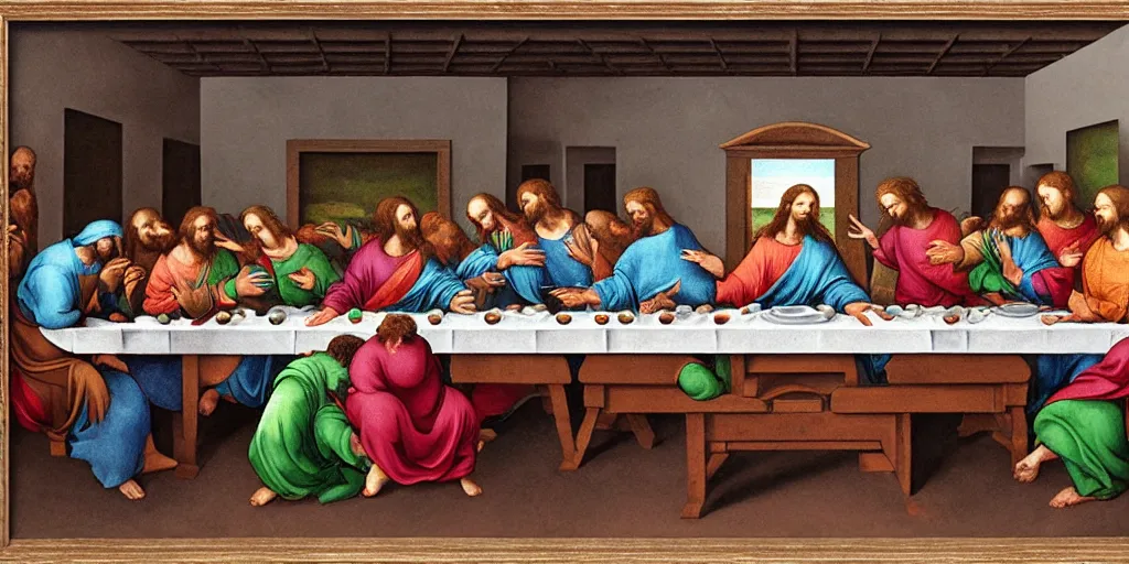 Prompt: the last supper by michelangelo, zombie, undead