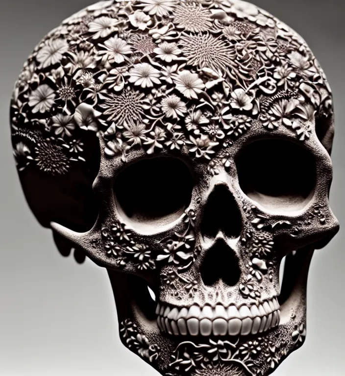 Image similar to Skull, A Close up photo-real delicate ceramic porcelain sculpture of a symmetrical ornate detailed in front of an intricate background by Victo Ngai and takato yamamoto, micro detail, backlit lighting, face in focus, subsurface scattering, translucent, thin porcelain, octane renderer, colorful, physically based rendering, japanese pottery, trending on cgsociety