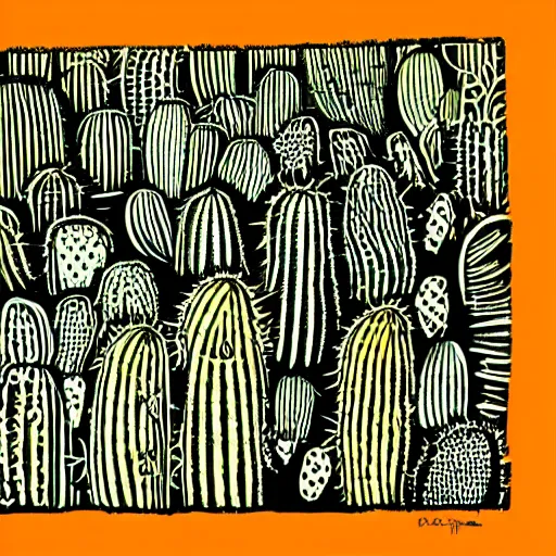 Image similar to Linocut Art on paper of a beautiful field of cactus. Epic Latin American Linocut Art.