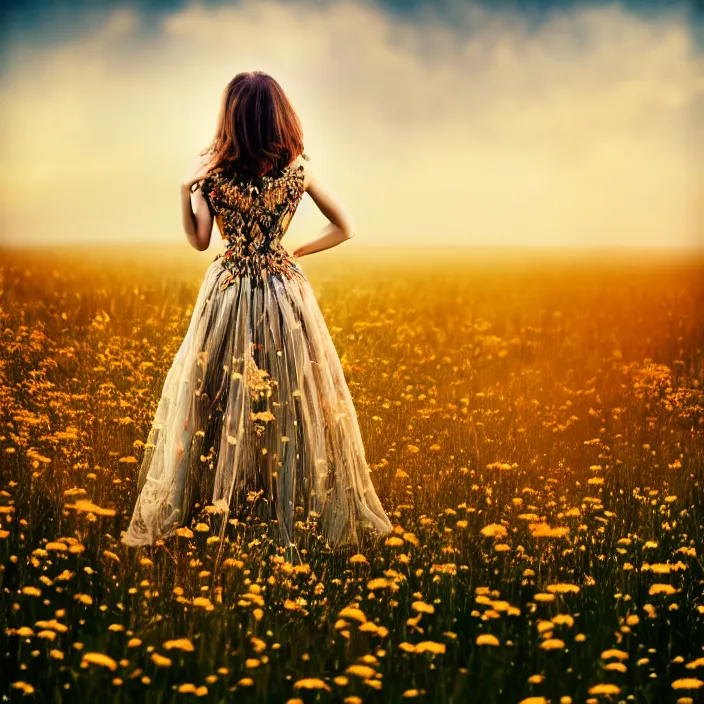 Prompt: photo of a very beautiful!! woman on intricate dress in an endless heavenly meadow, 8 k, hdr, smooth, sharp focus, high resolution, award - winning photo, trending on artstation, dslr, 5 0 mm