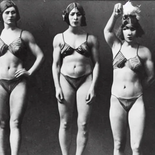 Prompt: muscular Amazonian women and smaller, frailer men, 1920s photography