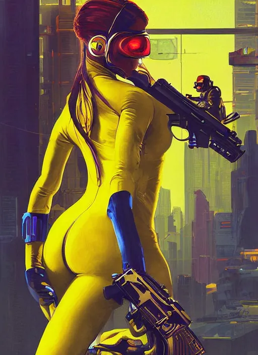 Image similar to mustached athlete in yellow jumpsuit. cyber dude firing a futuristic red automatic pistol with huge magazine. ad for pistol. cyberpunk poster by james gurney, azamat khairov, and alphonso mucha. artstationhq. gorgeous face. painting with vivid color, cell shading. ( rb 6 s, cyberpunk 2 0 7 7 )