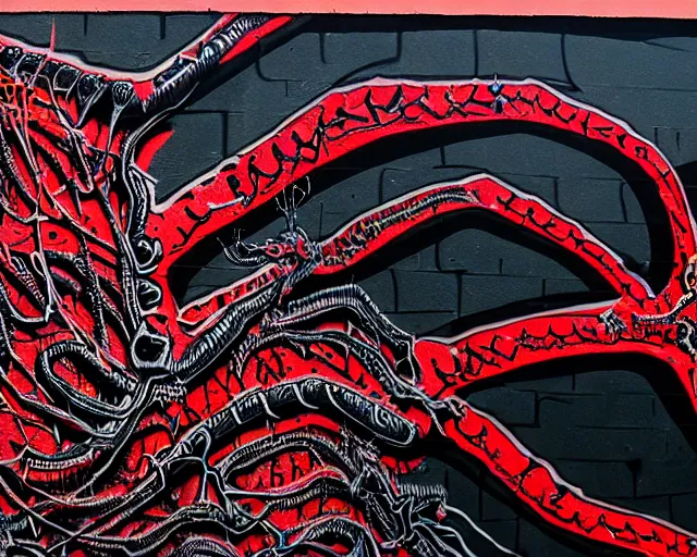 Image similar to 16k photorealistic image of a wall that has some lovecraftian graffiti on it inspired by wretched dragon rib cage. lovecraftian graffiti in red and black colors. the art is cursed and ecrusted with jewels.