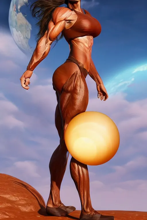 Image similar to a beautiful muscular woman carrying a giant planet Earth on her back, long hair, beautiful, hyperrealistic, concept art, octane render, unreal engine 5, trending on Artstation, high quality, 8K, soft lighting, trending on DeviantArt, highly detailed, high quality, digital art, anatomically correct, five fingers, desert in the background, path traced, complementary colors, natural lighting, epic image