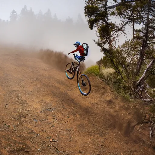 Prompt: An action photo of a giraffe with old school brown pilot goggles riding mountainbike, fast towards the camera, motion blur, high detail, wide shot