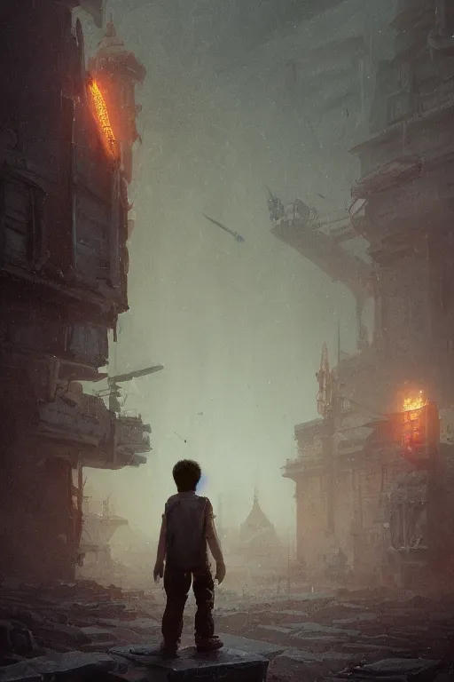 Image similar to A small person standing before a michanical city by Greg Rutkowski, beeple, Sung Choi, Mitchell Mohrhauser, Maciej Kuciara, Johnson Ting, Maxim Verehin, Peter Konig, final fantasy, macro lens, 35mm, 8k photorealistic, cinematic lighting, HD, high details, dramatic, dark atmosphere, trending on artstation