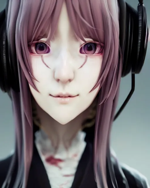 Image similar to beautiful portrait of a woman with pastel long hair with her eyes closed with headphones on in the style of a code vein character, dahyun from twice in code vein in the style of WLOP, artgerm, yasutomo oka, rendered in unreal engine and redshift octane , dynamic dramatic lighting, soft lighting, imagine fx, artstation, cgsociety, by Bandai Namco artist, background i surrounded by neon glitch effect
