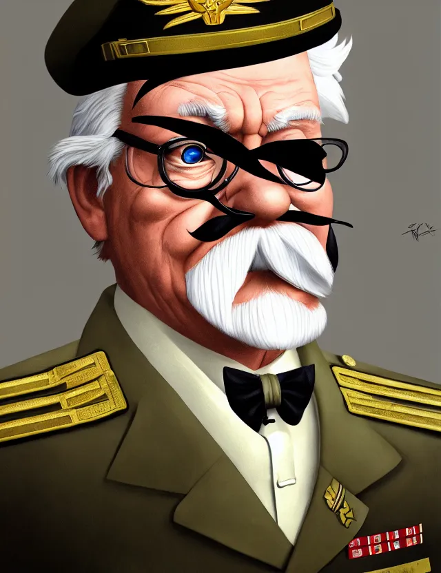 Image similar to a portrait of colonel sanders wearing a military uniform and an eyepatch, by moebius and tyler edlin and hr giger, trending on artstation, digital art, 4 k resolution, detailed, high quality, sharp focus, hq artwork, coherent, insane detail, concept art