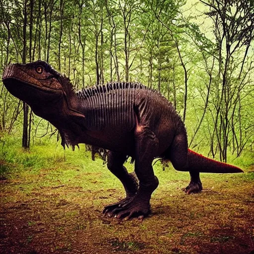 Prompt: “a Tyrannosaurus rex walking through a prehistoric forest”