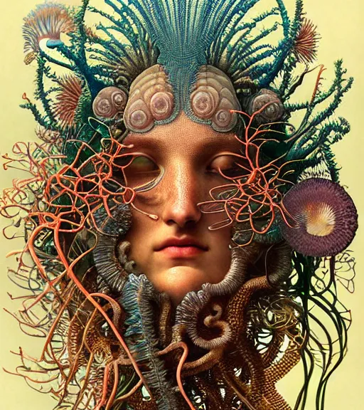 Prompt: hyperrealistic detailed underwater face portrait of the beautiful god of the jellyfish with an intricate headgear of corals, sea kelp, sea plants, fish, starfish, jellyfish, art by ernst haeckel, victor ngai, john william godward, android jones, neo - gothic - cyberpunk, ornamental, beautiful deep colours,