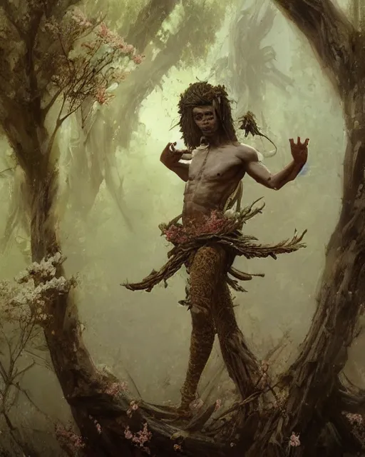 Prompt: person made of tree, bark for skin, leaf hair, covered in flowers, martial arts pose fantasy character portrait, japanese dojo in background, full body, greg rutkowski, gaston bussiere