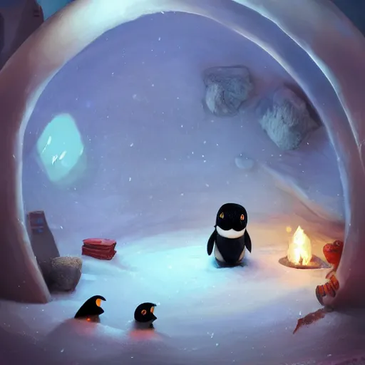 Image similar to Pingu the penguin in an Igloo, claymation, arctic, summer, 8k resolution matte fantasy painting, cinematic lighting, DeviantArt, Artstation, Jason Felix Steve Argyle Tyler Jacobson Peter Mohrbacher