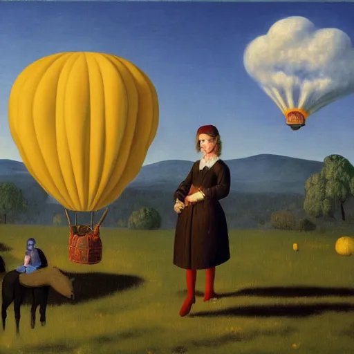 Prompt: a girl and her horse enjoy a hot-air balloon show by Raphael, Hopper, and Rene Magritte. detailed, romantic, enchanting, trending on artstation.