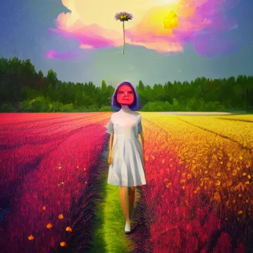 Prompt: girl walking in flower field, daisy flower as a face, full body, surreal photography, sunrise, impressionist painting, colorful clouds, digital painting, artstation, simon stalenhag, flower face