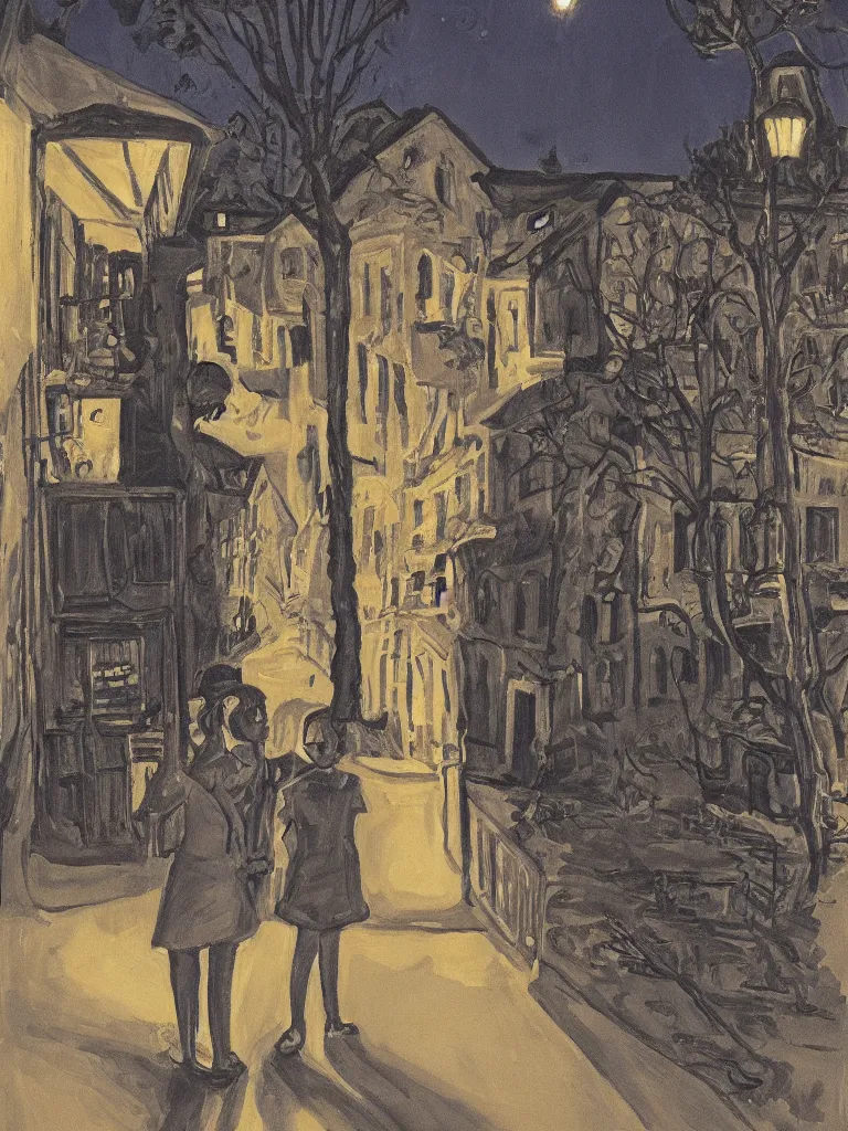 Prompt: backlit portrait of 2 kids posing at night, by alice neel, high definition, intricate details, atmospheric, town square, vegetation, small town