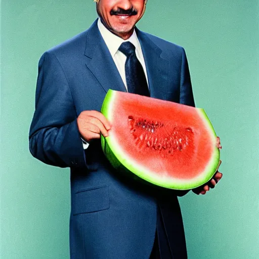 Image similar to recep tayyip smiling holding watermelon for a 1 9 9 0 s sitcom tv show, studio photograph, portrait c 1 2. 0