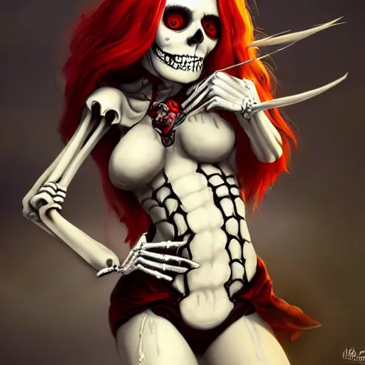 Image similar to cute & beautiful smug smiling undead skeleton girl with very attractive face and red hair dressed as a pirate, elegant, digital art, fullbody painting, fantasy, pixar style, painting, pin up, highly detailed, artstation, art by artgerm, vrubel, greg rutkowski, ilya kuvshinov, raymond swanland