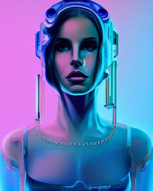 Image similar to portrait of lana del rey as a cyborg. intricate abstract. intricate artwork blue and pink lighting, by tooth wu, wlop, beeple, dan mumford. concept art, octane render, trending on artstation, greg rutkowski very coherent symmetrical artwork. cinematic, key art, hyper realism, high detail, octane render, 8 k, iridescent accents