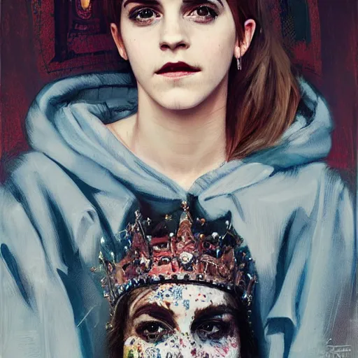 Prompt: full body emma watson wearing crown on head wearing royal hoodie by Sandra Chevrier by Richard Schmid by Jeremy Lipking by moebius by atey ghailan