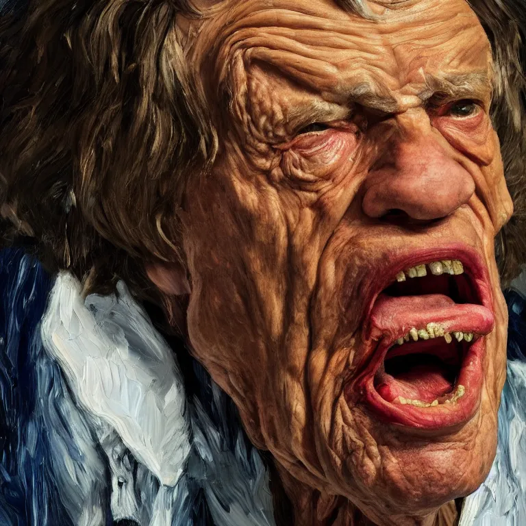 Prompt: warmly lit close up studio portrait of very old furiously angry!! Mick Jagger age 115 angrily singing, impasto oil painting thick brushstrokes by Lucian Freud and Cy Twombly and Tim Hawkinson , trending on artstation dramatic lighting Expressionism