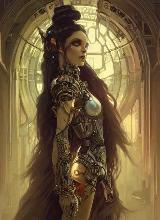 Prompt: portrait of beautiful pale gothic maiden, warhammer 40000, cyberpunk, intricate, elegant, highly detailed, digital painting, artstation, concept art, smooth, sharp focus, illustration, art by artgerm and greg rutkowski and alphonse mucha and Gustav Klimt