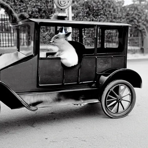 Image similar to a rabbit sitting inside a model t ford, black and white photograph