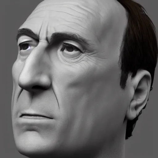 Image similar to “ wide angle photorealistic closeup 8 k of saul goodman 3 d model face ”