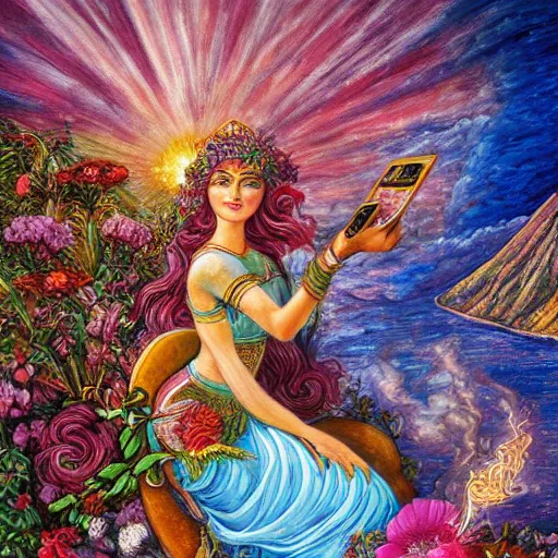 Prompt: a painting by josephine wall depicting a goddess riding a ram while checking her cell phone, erupting volcano and sunrise in distance in background, flowers in foreground, acrylic on canvas, intricately detailed, high resolution, trending on artstation