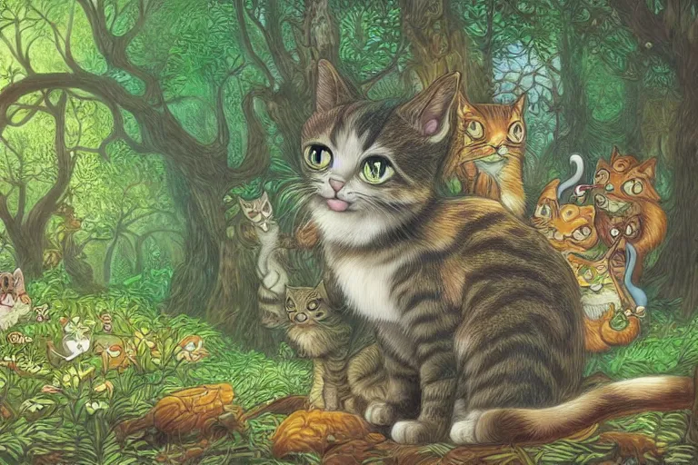 Image similar to a cat in a forest, highly detailed, digital art, trending on artstation, backlighting, by kawacy, by wayne mclouglin, by don bluth, by ken sugimori, by louis wain, fan art