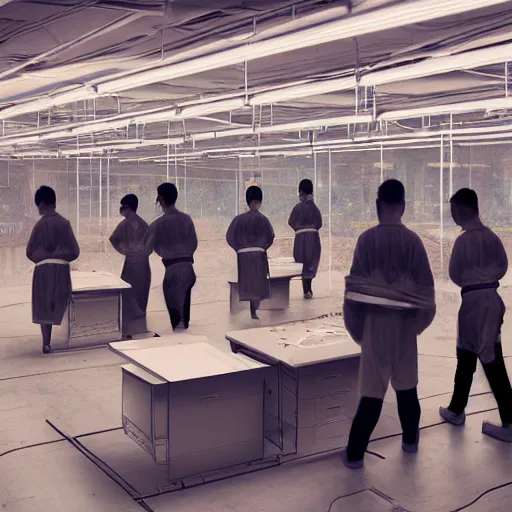 Image similar to surreal forced labour wage slavery odyssey sweatshop under fluorescent light hell, advanced, photorealistic, realistic, dramatic lighting, fantastic reality, by stefan bakałowicz, 8 k resolution