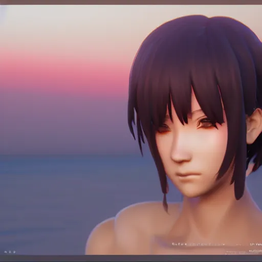 Image similar to Render of a Ryougi Shiki, full round face, golden hour, serene beach setting, medium shot, mid-shot, highly detailed, trending on Artstation, Unreal Engine 4k