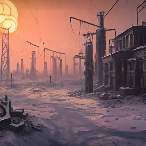 Prompt: a oil painting of brutalism old atom winter soviet town from frostpunk by Simon Stålenhag, in style of fractal landscape by Simon Stalenhag, atompunk, Sci-Fi, 8k, ultra detail, volumetric lighting, unreal engine, octane render, ultra realistic, max quality, epic 35 mm lens shot, photorealism