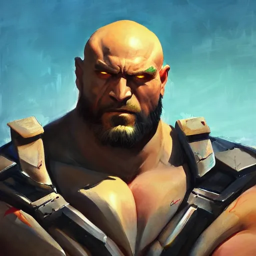 Image similar to greg manchess portrait painting of drax the destroyer as overwatch character, medium shot, asymmetrical, profile picture, organic painting, sunny day, matte painting, bold shapes, hard edges, street art, trending on artstation, by huang guangjian and gil elvgren and sachin teng